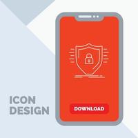 defensa. cortafuegos proteccion. la seguridad. icono de línea de escudo en el móvil para la página de descarga vector