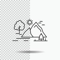 Cerro. paisaje. naturaleza. montaña. icono de línea de sol sobre fondo transparente. ilustración de vector de icono negro