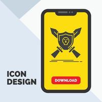 Badge. emblem. game. shield. swords Glyph Icon in Mobile for Download Page. Yellow Background vector