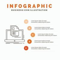 cuenta. computadora portátil. reporte. impresión. reanudar la plantilla de infografía para el sitio web y la presentación. icono de línea gris con ilustración de vector de estilo infográfico naranja