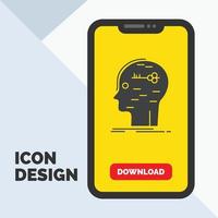 cerebro. cortar a tajos. hackear. llave. icono de glifo mental en el móvil para la página de descarga. fondo amarillo vector