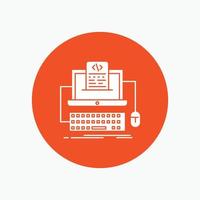 Code. coding. computer. monoblock. screen White Glyph Icon in Circle. Vector Button illustration