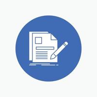 document. file. page. pen. Resume White Glyph Icon in Circle. Vector Button illustration