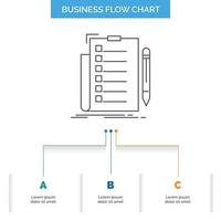 pericia. Lista de Verificación. controlar. lista. documento de diseño de diagrama de flujo de negocios con 3 pasos. icono de línea para el lugar de plantilla de fondo de presentación para texto vector