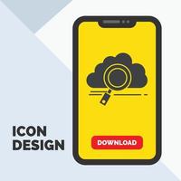 nube. búsqueda. almacenamiento. tecnología. icono de glifo informático en el móvil para la página de descarga. fondo amarillo vector