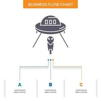 extraterrestre. espacio. OVNI. astronave. Diseño de diagrama de flujo de negocios de Marte con 3 pasos. icono de glifo para el lugar de plantilla de fondo de presentación para texto. vector