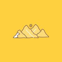 montaña. paisaje. Cerro. naturaleza. icono lleno de línea plana de escena. hermoso botón de logotipo sobre fondo amarillo para ui y ux. sitio web o aplicación móvil vector