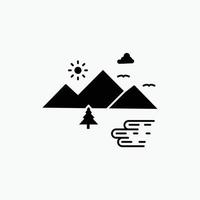 Mountains. Nature. Outdoor. Clouds. Sun Glyph Icon. Vector isolated illustration