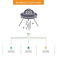 space ship. space. ship. rocket. alien Business Flow Chart Design with 3 Steps. Glyph Icon For Presentation Background Template Place for text.