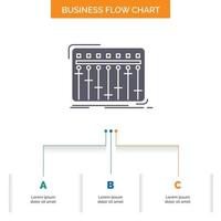 consola. DJ. mezclador. música. diseño de diagrama de flujo de negocios de estudio con 3 pasos. icono de glifo para el lugar de plantilla de fondo de presentación para texto. vector