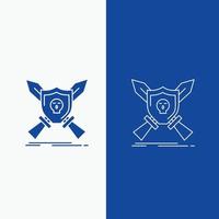 Badge. emblem. game. shield. swords Line and Glyph web Button in Blue color Vertical Banner for UI and UX. website or mobile application vector