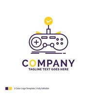 Company Name Logo Design For Check. controller. game. gamepad. gaming. Purple and yellow Brand Name Design with place for Tagline. Creative Logo template for Small and Large Business. vector