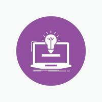 laptop. solution. idea. bulb. solution White Glyph Icon in Circle. Vector Button illustration