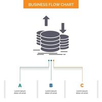 coins. finance. capital. gold. income Business Flow Chart Design with 3 Steps. Glyph Icon For Presentation Background Template Place for text. vector