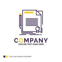 Company Name Logo Design For agreement. contract. deal. document. paper. Purple and yellow Brand Name Design with place for Tagline. Creative Logo template for Small and Large Business. vector