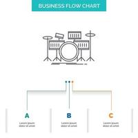 tambor. batería. instrumento. equipo. diseño de diagrama de flujo de negocios musicales con 3 pasos. icono de línea para el lugar de plantilla de fondo de presentación para texto vector