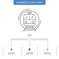 metro. tren. inteligente. público. diseño de diagrama de flujo de negocios de transporte con 3 pasos. icono de línea para el lugar de plantilla de fondo de presentación para texto vector