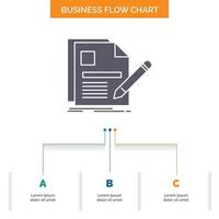 documento. expediente. página. lápiz. reanudar el diseño del diagrama de flujo empresarial con 3 pasos. icono de glifo para el lugar de plantilla de fondo de presentación para texto. vector