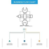 construir. diseño. desarrollar. bosquejo. herramientas de diseño de diagramas de flujo de negocios con 3 pasos. icono de línea para el lugar de plantilla de fondo de presentación para texto vector