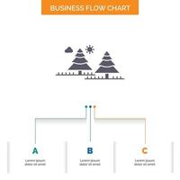 bosque. cámping. selva. árbol. diseño de diagrama de flujo de negocio de pinos con 3 pasos. icono de glifo para el lugar de plantilla de fondo de presentación para texto. vector