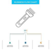 antorcha. luz. destello. cámping. diseño de diagrama de flujo de negocios de senderismo con 3 pasos. icono de línea para el lugar de plantilla de fondo de presentación para texto vector