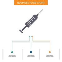 syringe. injection. vaccine. needle. shot Business Flow Chart Design with 3 Steps. Glyph Icon For Presentation Background Template Place for text. vector