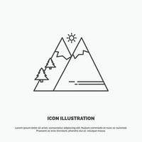 Mountains. Nature. Outdoor. Sun. Hiking Icon. Line vector gray symbol for UI and UX. website or mobile application