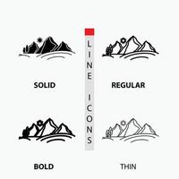 hill. landscape. nature. mountain. sun Icon in Thin. Regular. Bold Line and Glyph Style. Vector illustration
