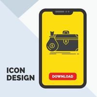 maletín. negocio. caso. abierto. icono de glifo de cartera en el móvil para la página de descarga. fondo amarillo vector