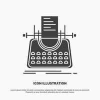 artículo. Blog. historia. máquina de escribir. icono de escritor. símbolo gris vectorial de glifo para ui y ux. sitio web o aplicación móvil vector