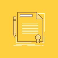 agreement. contract. deal. document. paper Flat Line Filled Icon. Beautiful Logo button over yellow background for UI and UX. website or mobile application vector