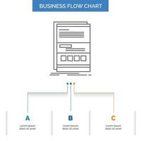 Browser. dynamic. internet. page. responsive Business Flow Chart Design with 3 Steps. Line Icon For Presentation Background Template Place for text vector