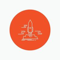 launch. Publish. App. shuttle. space White Line Icon in Circle background. vector icon illustration