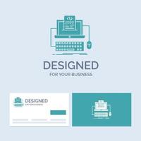 Code. coding. computer. monoblock. screen Business Logo Glyph Icon Symbol for your business. Turquoise Business Cards with Brand logo template. vector