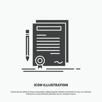 negocio. certificado. contrato. la licenciatura. icono de documento. símbolo gris vectorial de glifo para ui y ux. sitio web o aplicación móvil vector