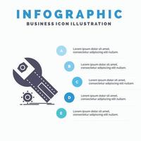 ajustes. aplicación instalación. mantenimiento. plantilla de infografía de servicio para sitio web y presentación. icono de glifo gris con ilustración de vector de estilo infográfico azul.