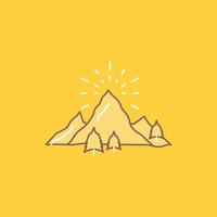 hill. landscape. nature. mountain. fireworks Flat Line Filled Icon. Beautiful Logo button over yellow background for UI and UX. website or mobile application vector