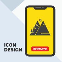Mountains. Nature. Outdoor. Sun. Hiking Glyph Icon in Mobile for Download Page. Yellow Background