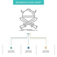 batalla. emblema. vikingo. guerrero. diseño de diagrama de flujo de negocios de espadas con 3 pasos. icono de línea para el lugar de plantilla de fondo de presentación para texto vector