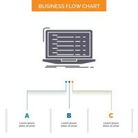 Api. app. coding. developer. laptop Business Flow Chart Design with 3 Steps. Glyph Icon For Presentation Background Template Place for text. vector