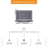 Api. app. coding. developer. laptop Business Flow Chart Design with 3 Steps. Glyph Icon For Presentation Background Template Place for text. vector