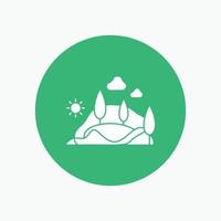 . Cerro. paisaje. naturaleza. montaña. icono de glifo blanco de árbol en círculo. ilustración de botón de vector