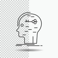 cerebro. cortar a tajos. hackear. llave. icono de línea mental sobre fondo transparente. ilustración de vector de icono negro