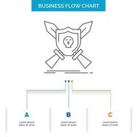 Insignia. emblema. juego. escudo. diseño de diagrama de flujo de negocios de espadas con 3 pasos. icono de línea para el lugar de plantilla de fondo de presentación para texto vector