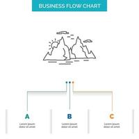 Mountain. hill. landscape. nature. sun Business Flow Chart Design with 3 Steps. Line Icon For Presentation Background Template Place for text vector