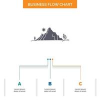 mountain. landscape. hill. nature. tree Business Flow Chart Design with 3 Steps. Glyph Icon For Presentation Background Template Place for text. vector