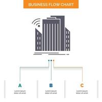 edificios ciudad. sensor. inteligente. diseño de diagrama de flujo de negocios urbanos con 3 pasos. icono de glifo para el lugar de plantilla de fondo de presentación para texto. vector