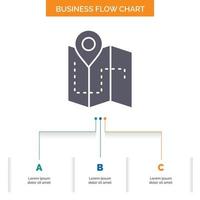 Map. Camping. plan. track. location Business Flow Chart Design with 3 Steps. Glyph Icon For Presentation Background Template Place for text. vector