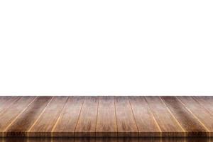 Empty wooden table top isolated on white background for product display photo