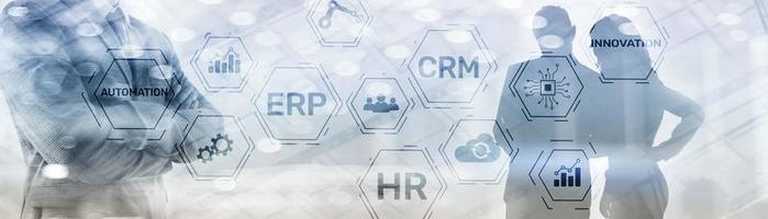 Erp Crm Hr Innovation inscriptions and icons on business background. photo